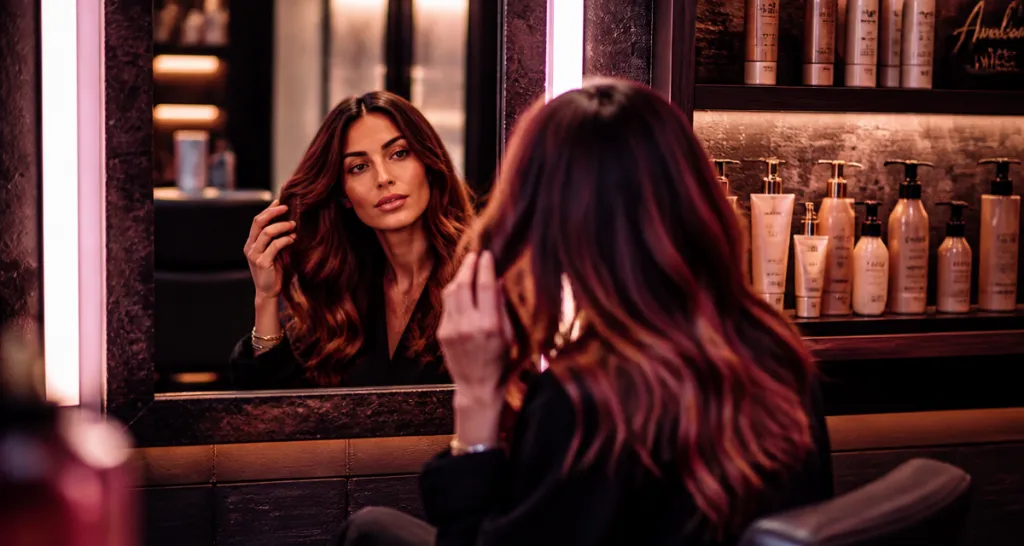 reflets rouge cheveux bruns femme miroir