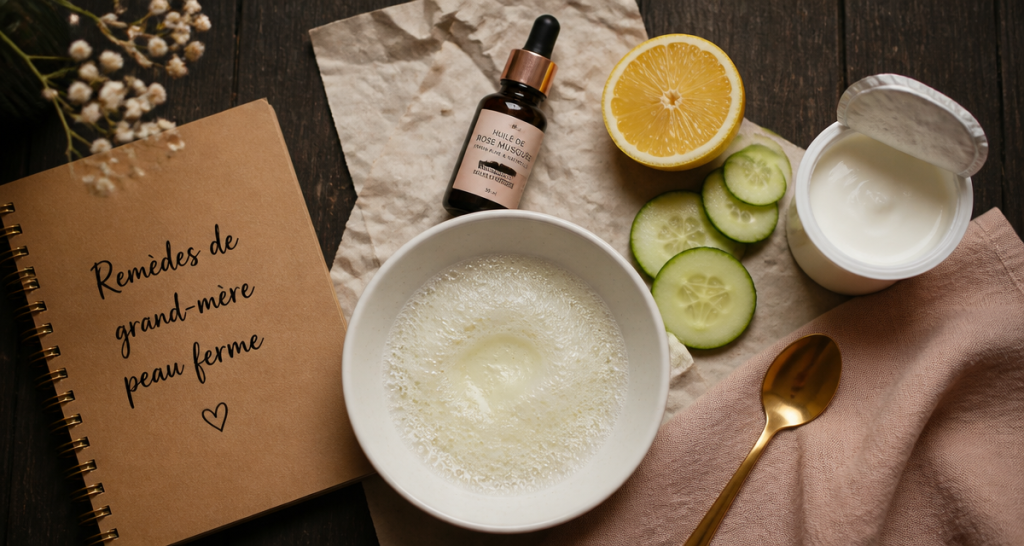 remede de grand-mere pour raffermir la peau, ingrédients naturels sur table