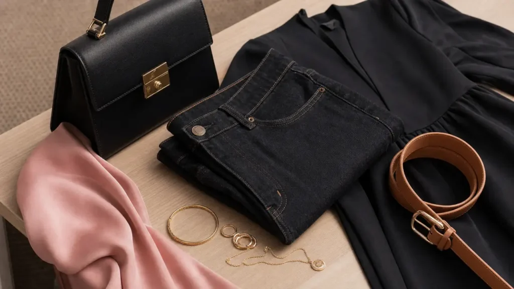Accessoires de mode : sac en cuir, foulard soyeux et bijoux dorés pour une tenue chic