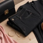 Accessoires de mode : sac en cuir, foulard soyeux et bijoux dorés pour une tenue chic