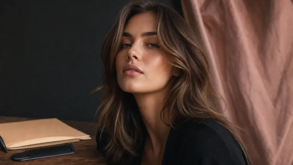 Balayage chocolat noisette, racines fondues et reflets chauds