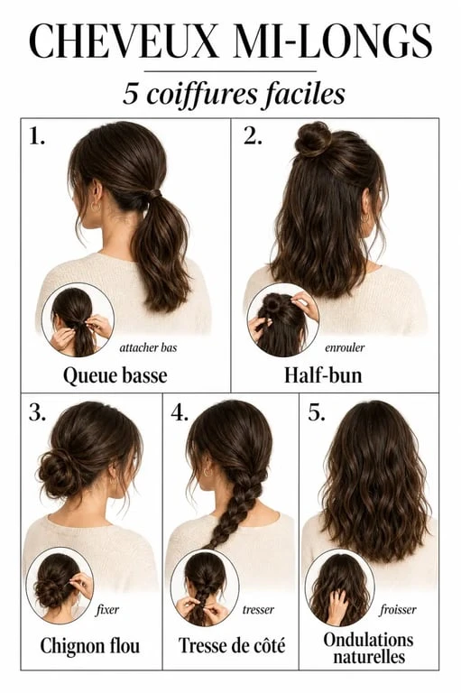 Coiffures cheveux mi longs faciles : idées simples et rapides pour cheveux mi-longs