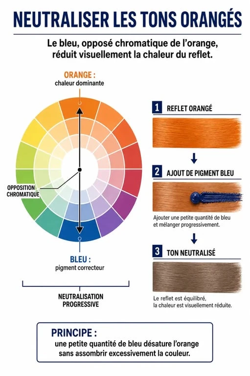Infographie expliquant la neutralisation des reflets orangés avec le meilleur shampoing bleu