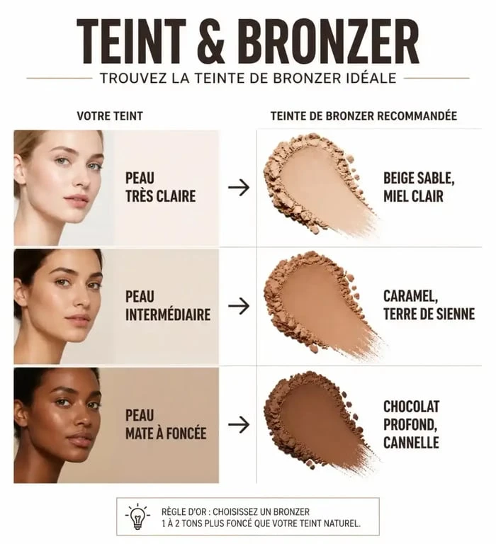 Infographie guide pour choisir la teinte de son meilleur bronzer selon sa carnation