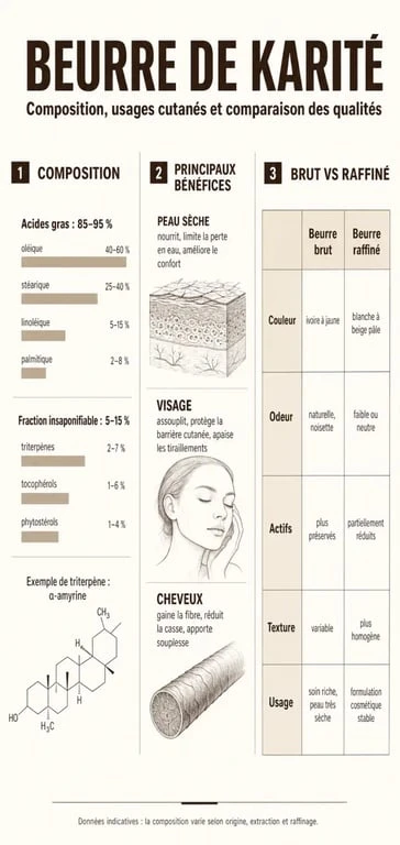 Bienfaits beurre de karité : composition, usages peau et cheveux, et comparaison brut vs raffiné