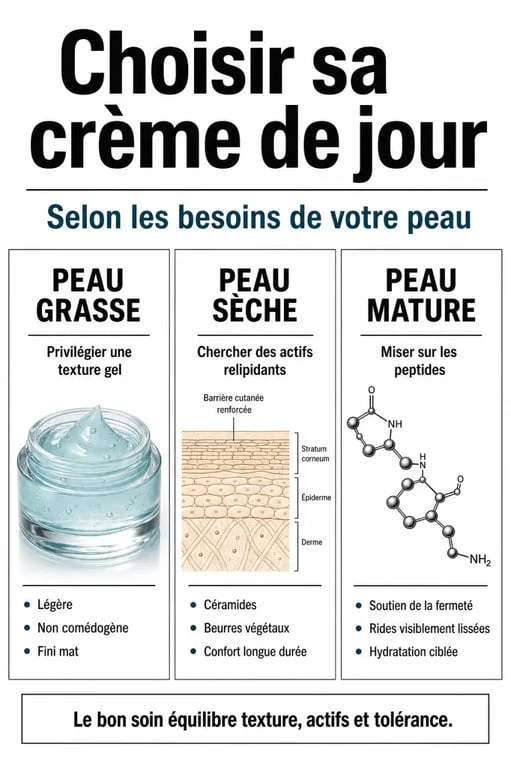 Infographie des critères de choix pour la meilleure crème de jour selon le type de peau
