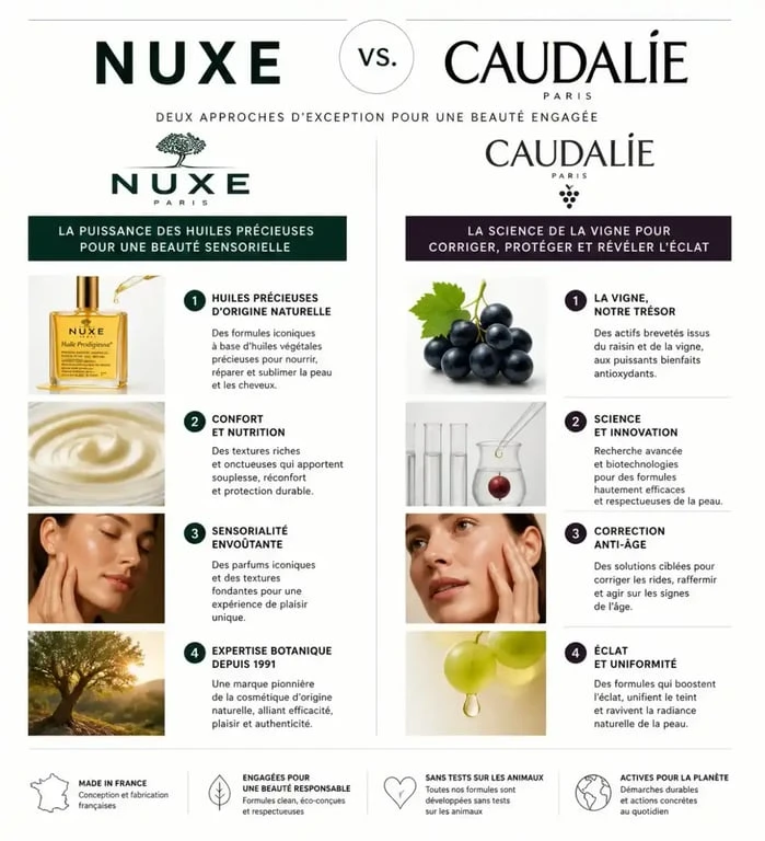 Infographie comparative Nuxe vs Caudalie : choisir entre confort et correction anti-âge