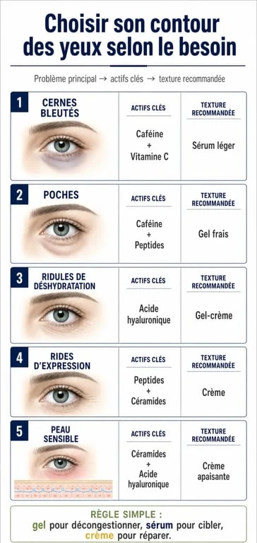 Le meilleur contour des yeux : infographie comparative des besoins, actifs et textures