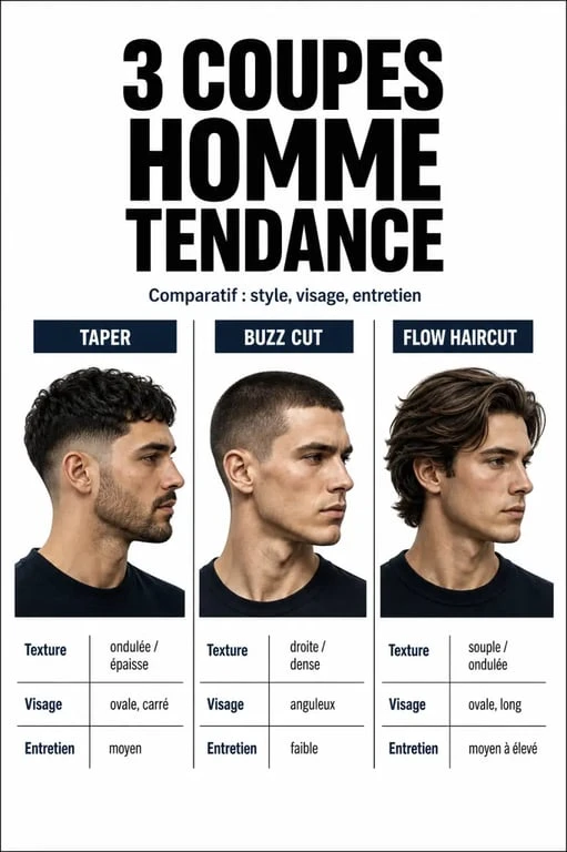 Coupe homme tendance : comparaison visuelle des coupes taper, buzz cut et flow haircut