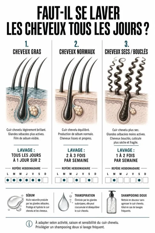 Faut il se laver les cheveux tous les jours : visuel comparatif des fréquences selon cheveux gras, normaux et secs