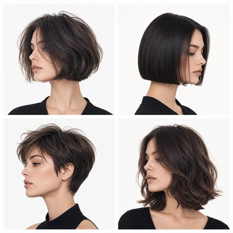 Coiffure cheveux fins avec exemples de carré flou, bob droit, pixie cut et longueur aux clavicules pour donner du volume