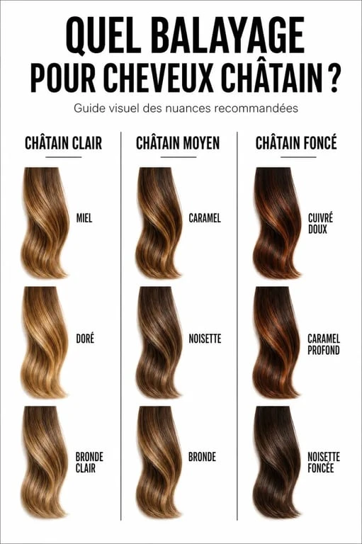 Quelle balayage pour cheveux chatain : comparaison des nuances miel, caramel, noisette, doré et cuivré selon châtain clair, moyen ou foncé