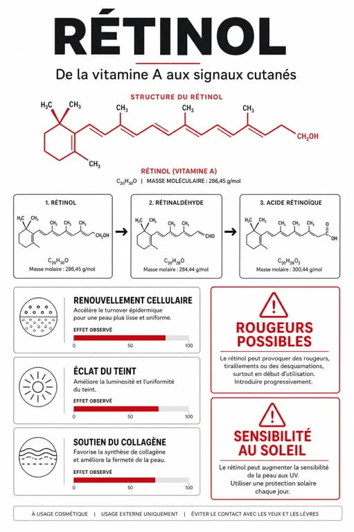 Retinol c'est quoi : schéma explicatif du rétinol, de la vitamine A à ses effets sur la peau
