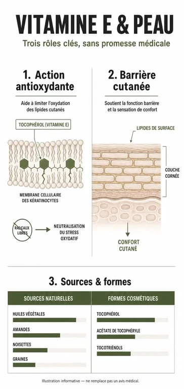 Bienfaits vitamine e pour la peau : illustration éditoriale des effets antioxydants, du soutien de la barrière cutanée et des sources naturelles