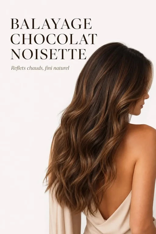 Balayage chocolat noisette sur cheveux bruns avec reflets naturels et lumineux