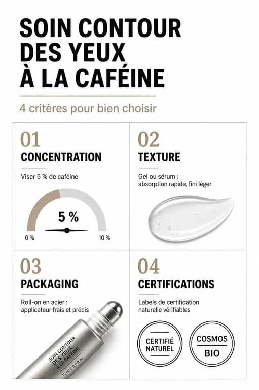 Infographie des critères de choix pour le meilleur contour des yeux à la caféine