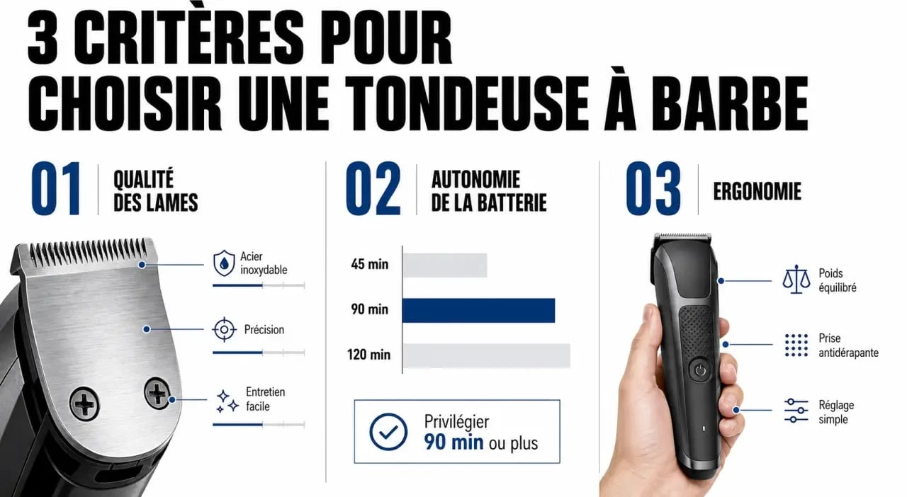 Infographie des critères de choix pour la meilleure tondeuse à barbe : lames, batterie et ergonomie