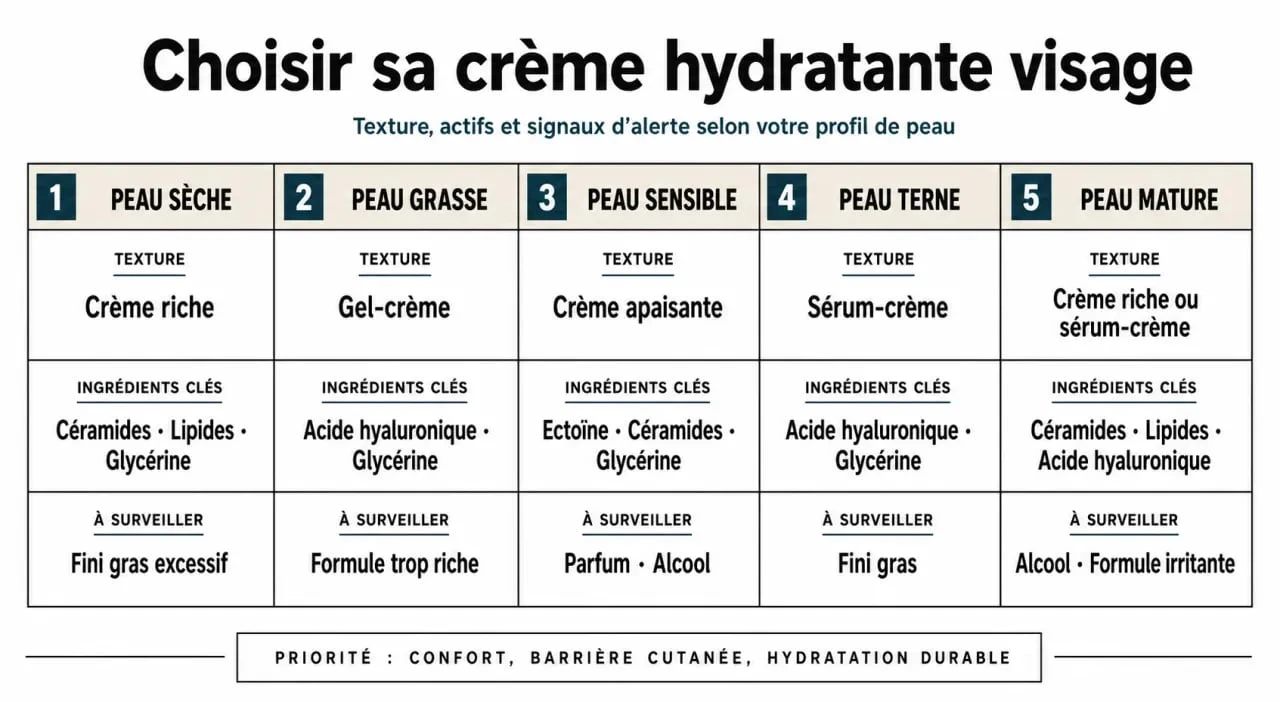 Guide visuel pour choisir la meilleure crème hydratante visage selon son type de peau