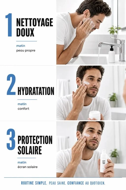 Homme soins du visage : routine simple en trois étapes avec nettoyage, hydratation et protection solaire