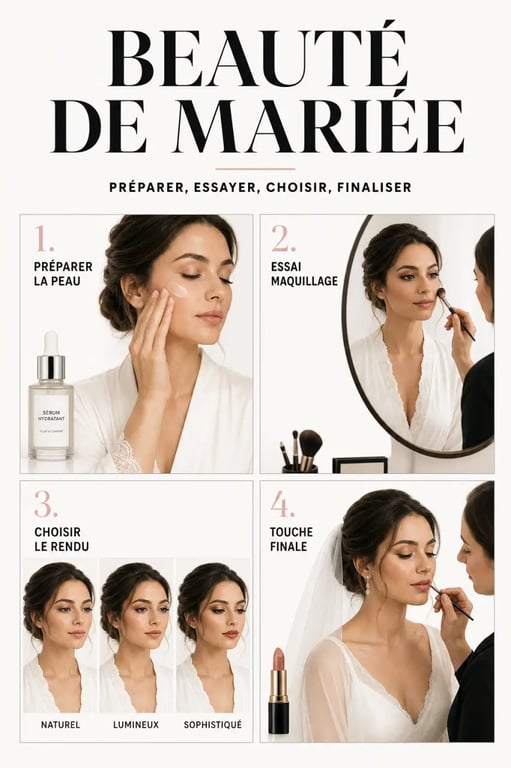 Choisir sa mise en beauté idéale pour le jour J avec une illustration de préparation, d’essai maquillage et de rendu final