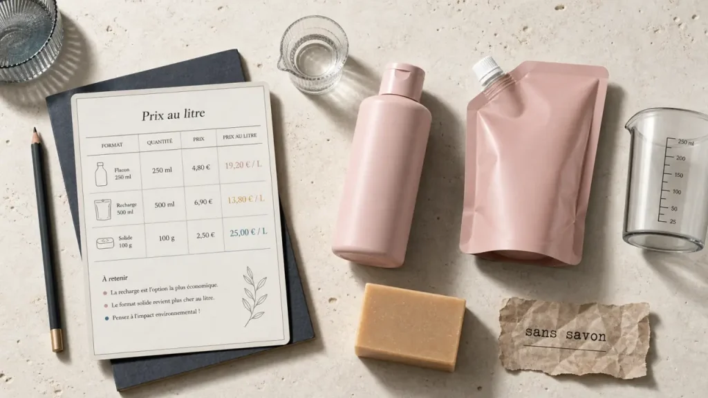 Gel douche prix : calcul au litre, format familial, recharge et solide