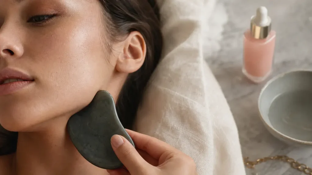 Gua sha avis dermatologue : pierre sur la mâchoire, peau mate et éclat