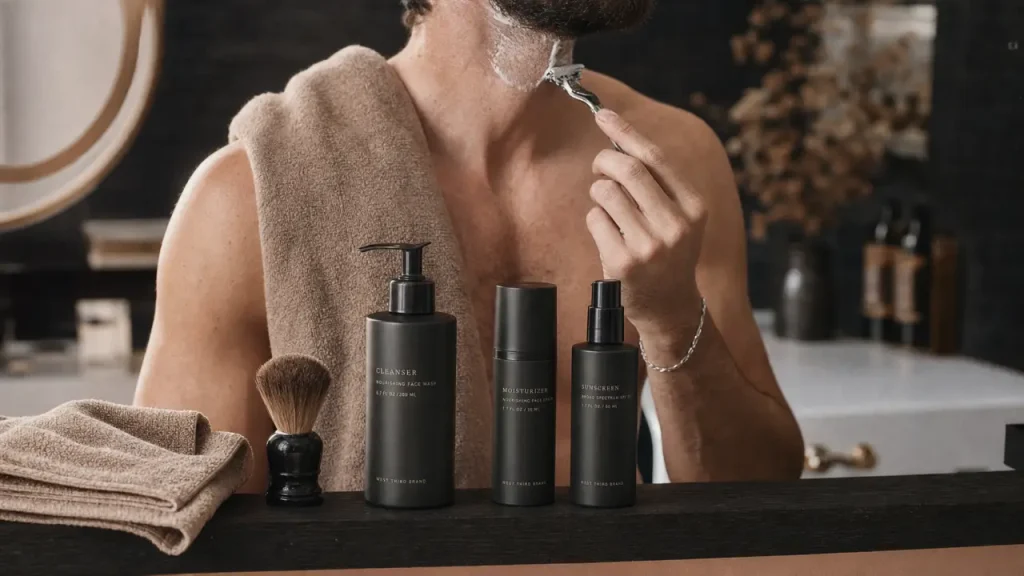 Hommes soins du visage : rasage net, crème hydratante et SPF