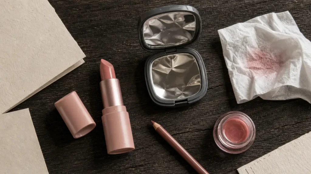 Meilleur rouge à lèvres : rouge à lèvres nude, miroir et mouchoir sur table