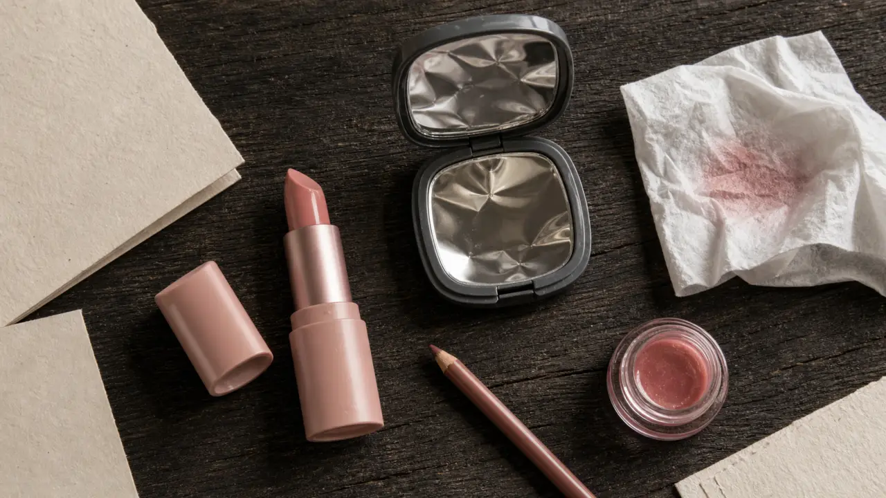 Meilleur rouge à lèvres : rouge à lèvres nude, miroir et mouchoir sur table
