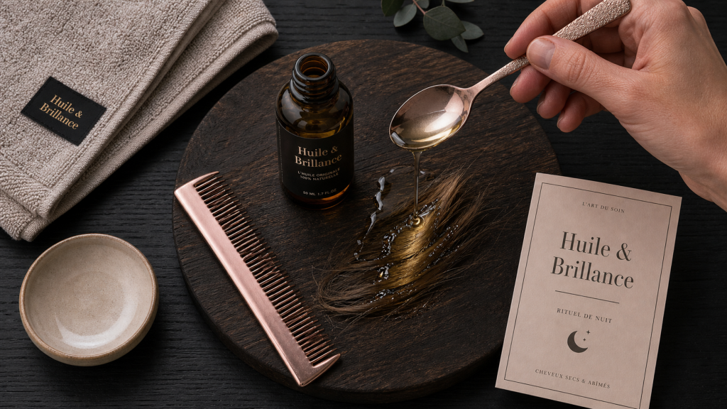 Meilleure huile cheveux : flacon ambré ricin, jojoba et argan sur cheveux