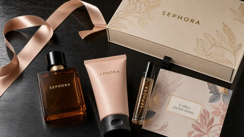 Coffret Sephora parfum femme sur table, flacon et brume