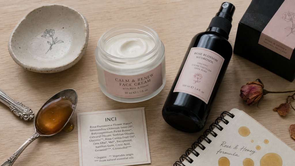 Soin au naturel : crème visage, hydrolat et argile en flat-lay