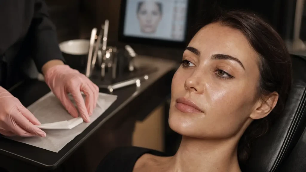 Soins esthétiques du visage : esthéticienne et patient, peau réelle en médecine esthétique