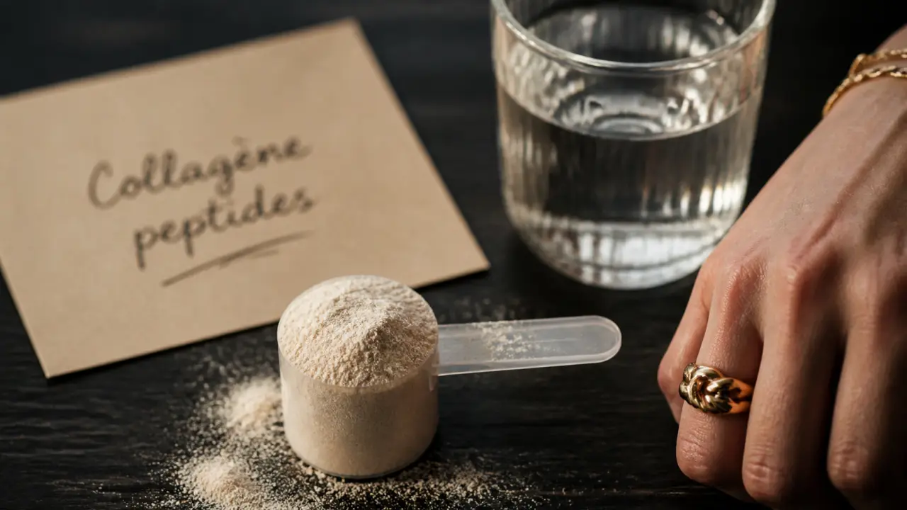 Bon collagène pour la peau : collagène peptides en poudre et verre d’eau