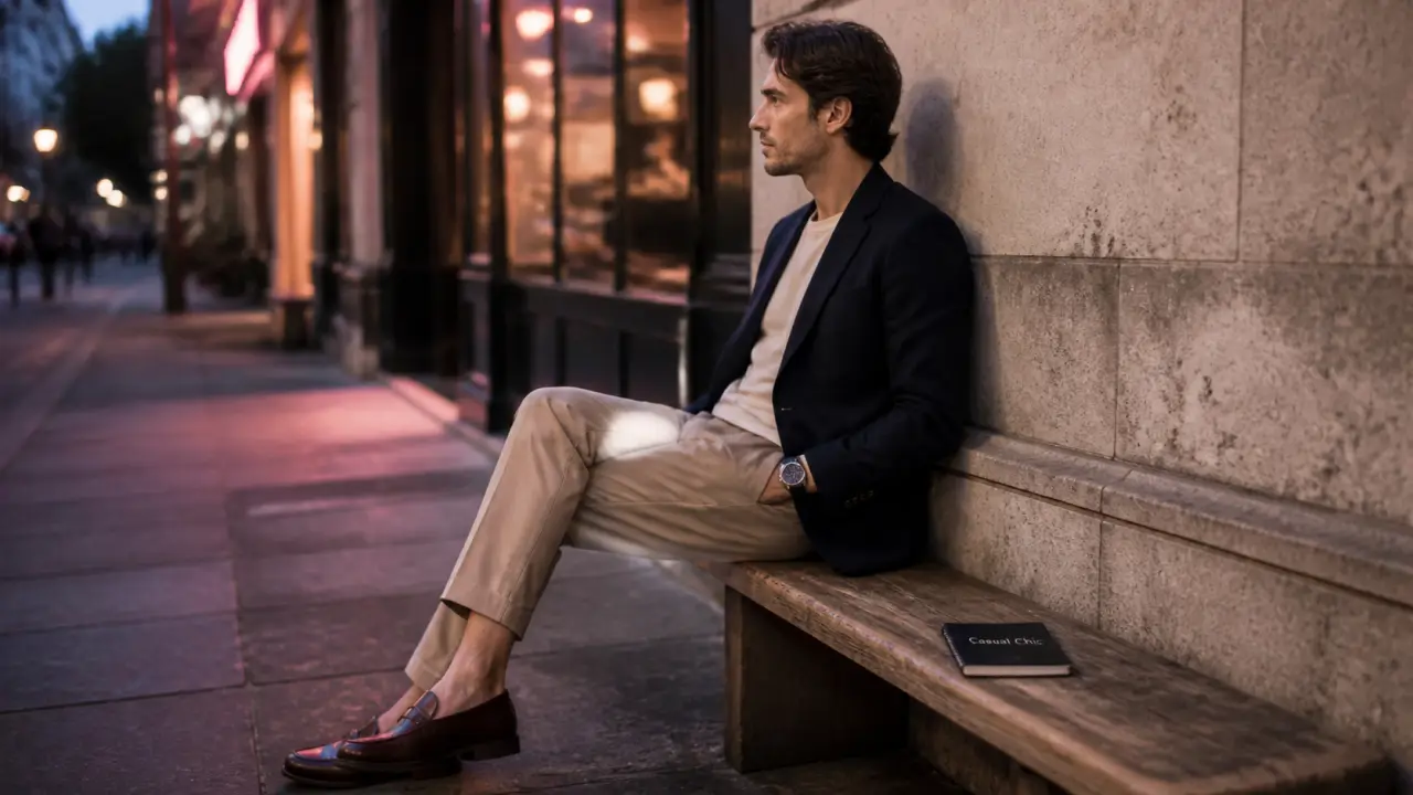 Casual chic homme : blazer marine, chino beige, mocassins