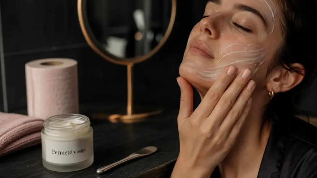 Crème fermeté visage appliquée sur le visage, massage menton vers front