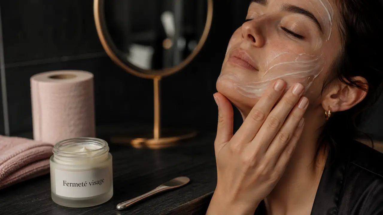Crème fermeté visage appliquée sur le visage, massage menton vers front