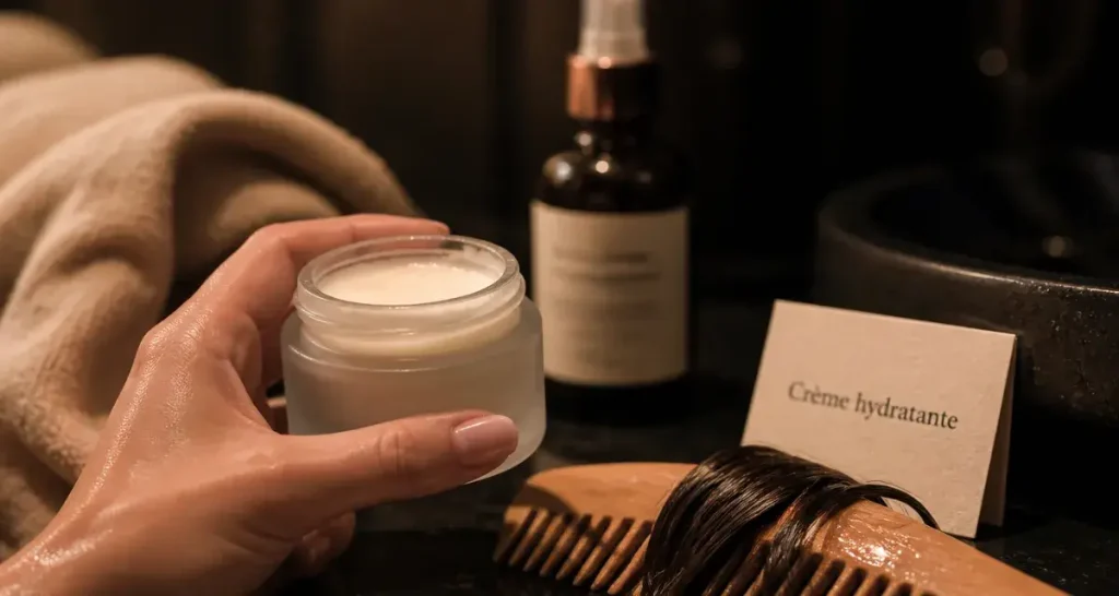 Crème hydratante sur les cheveux : pot de crème et mèche humide