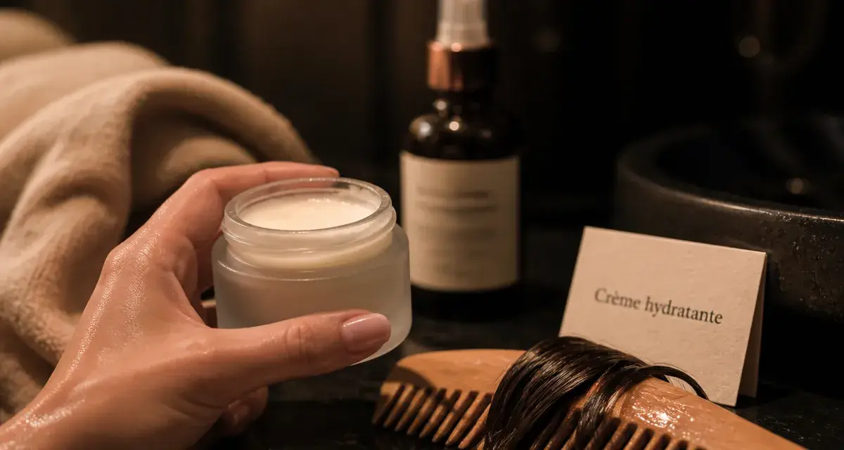 Crème hydratante sur les cheveux : pot de crème et mèche humide