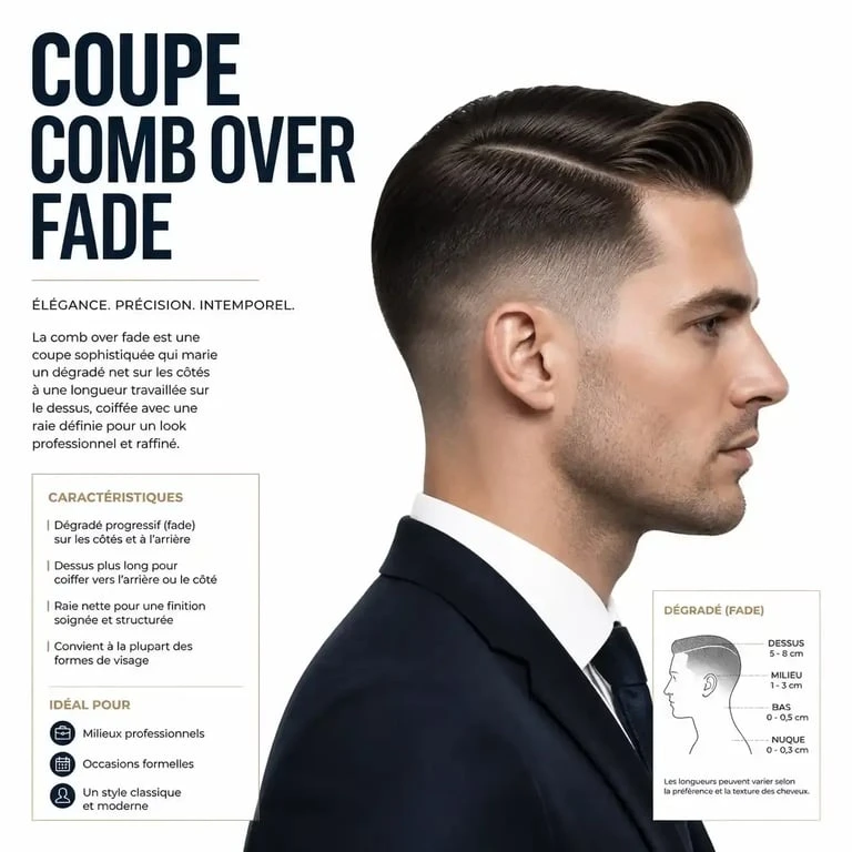 Style de dégradé militaire avec raie Comb Over Fade