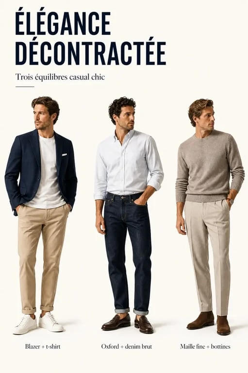 Tenues casual chic homme avec blazer, chino, jean brut et mocassins