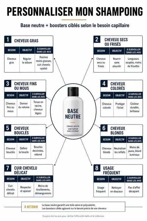 Mon shampoing avis : infographie sur la base neutre et les boosters selon le type de cheveux