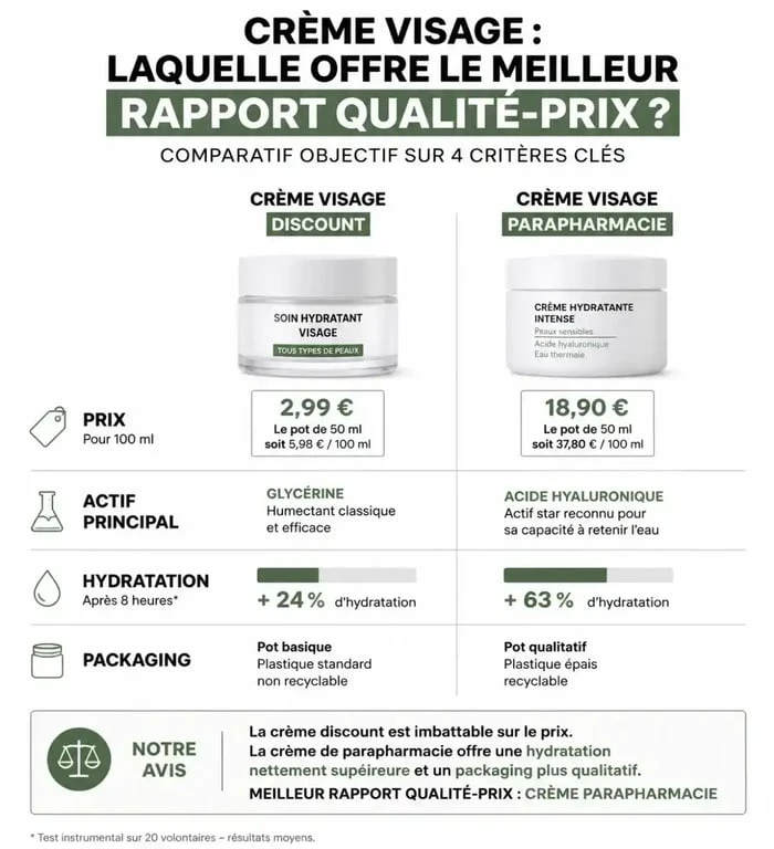 Comparatif crème visage Action Eliza Jones et marques de parapharmacie : prix et efficacité.