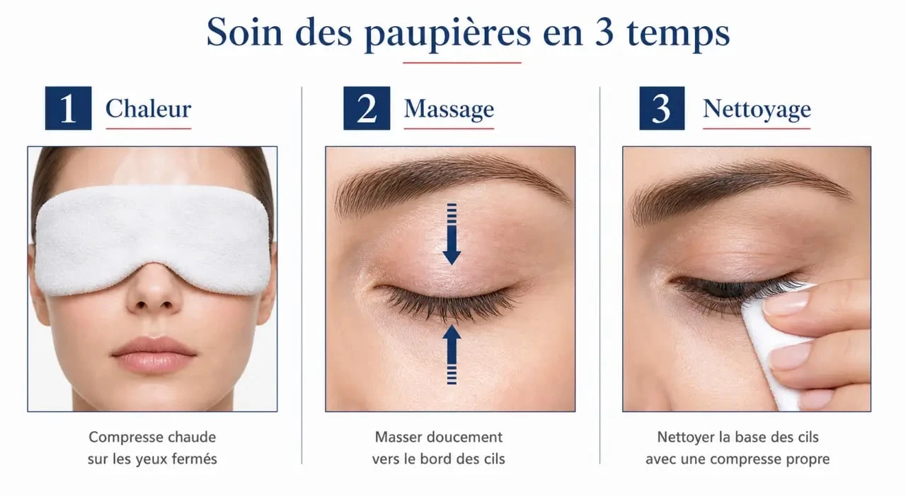 Soin paupiere en trois étapes avec compresse chaude, massage doux et nettoyage de la base des cils