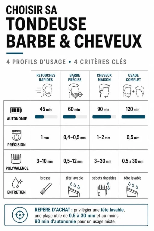 Infographie comparative pour choisir la meilleur tondeuse barbe et cheveux selon autonomie, précision, polyvalence et entretien
