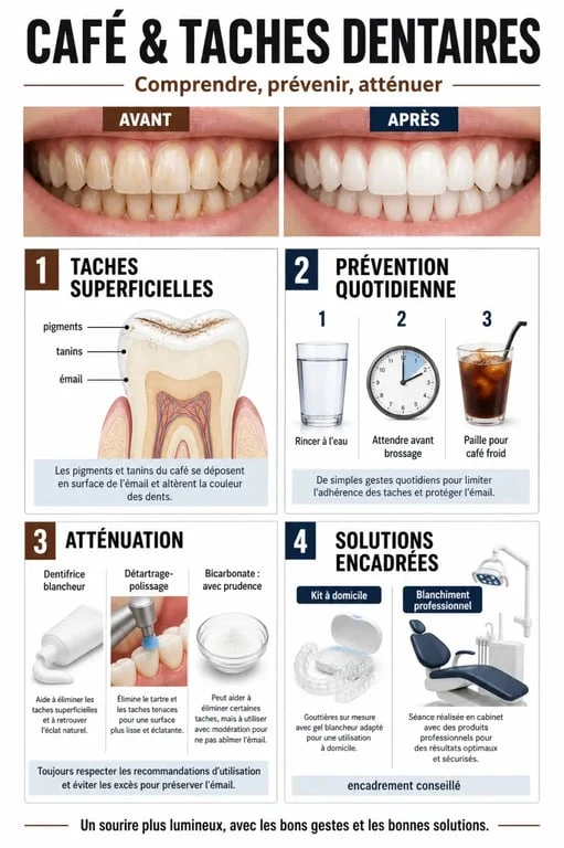 Infographie sur les taches café dents : causes, prévention et solutions pour les enlever