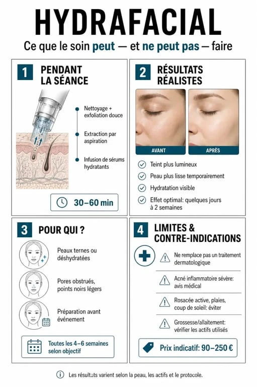Soin hydrafacial avis : infographie sur les résultats, la fréquence, le prix et les contre-indications