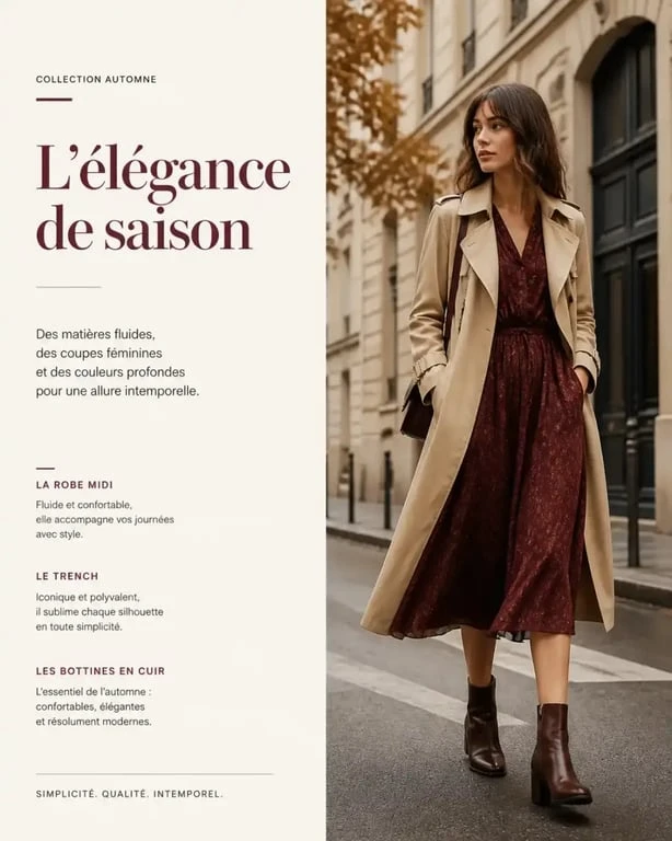 Robe automne femme portée avec trench beige et bottines dans un look d'automne élégant