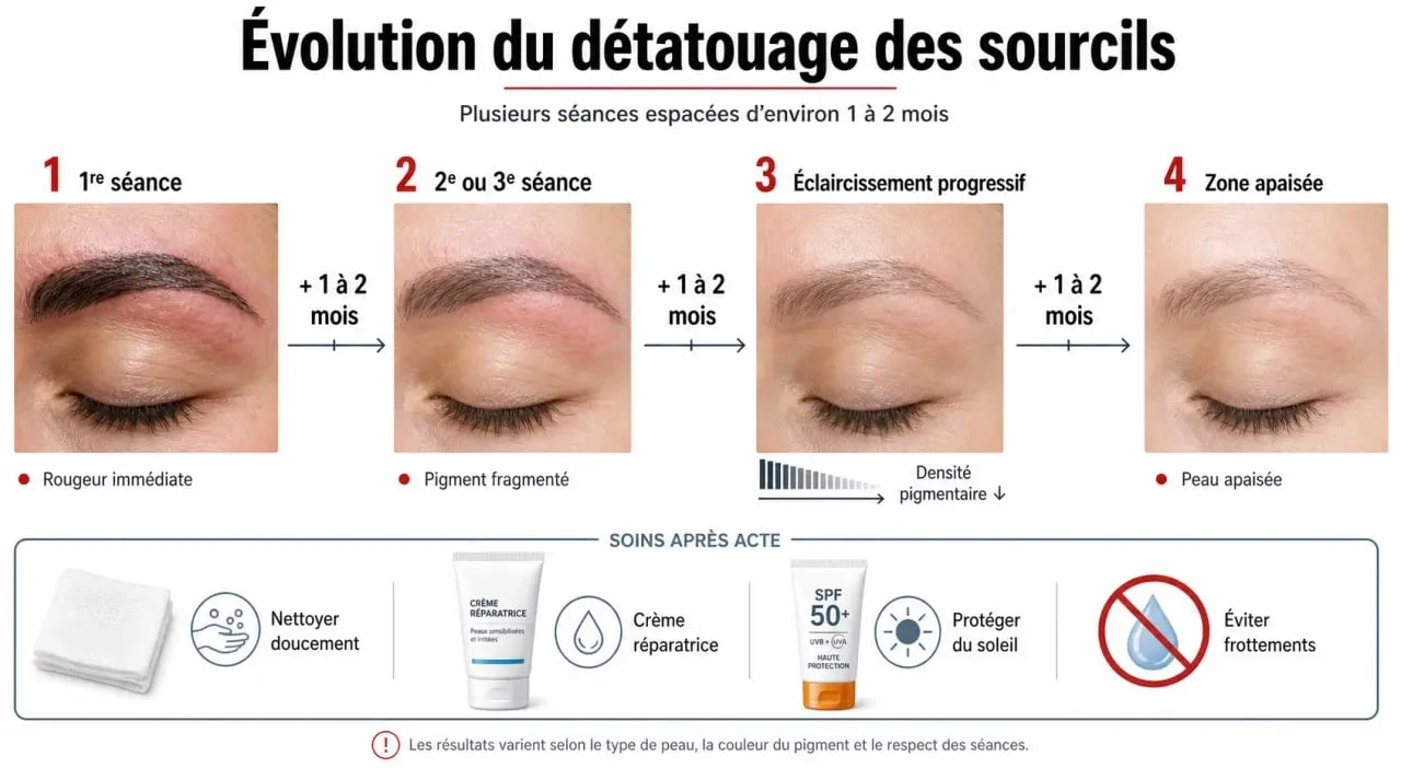 Détatouage sourcils : évolution du résultat séance après séance et soins après laser