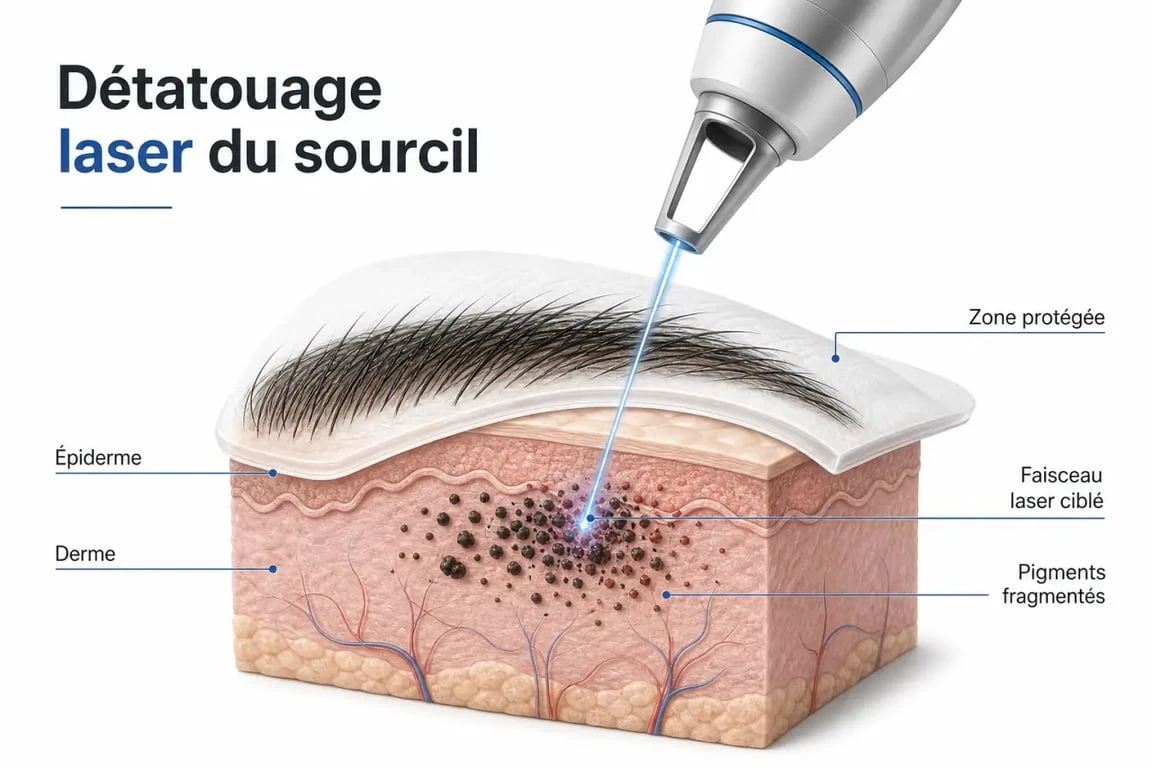 Détatouage sourcils : schéma du laser fragmentant les pigments sous la peau